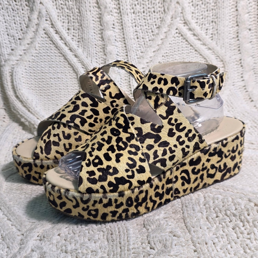 Matisse Platform Chunky Sandals Leopard Leather Calf Hair Ankle Strap Womens 8